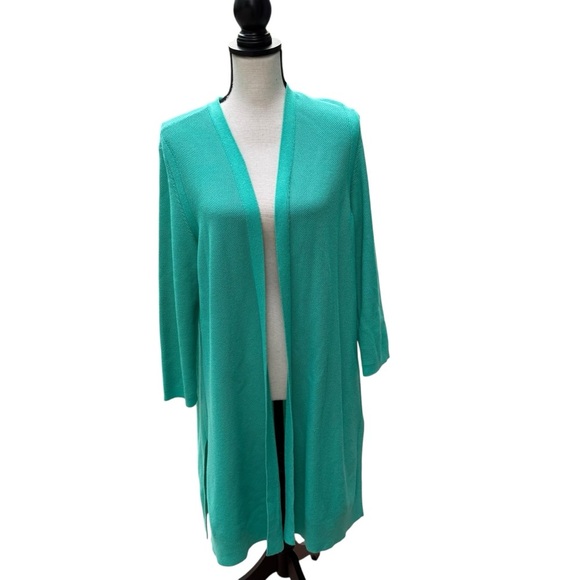 Talbots Women’s cardigan textured  silhouette side slits Green Open Front Size L - Picture 1 of 10